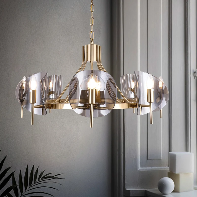 Shield Parlor Plafondlamp Rokerig Grijs Glas 8 Lichten Postmoderne Kroonluchterverlichting Goud Clearhalo