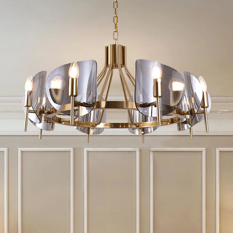 Shield Parlor Plafondlamp Rokerig Grijs Glas 8 Lichten Postmoderne Kroonluchterverlichting Goud Clearhalo