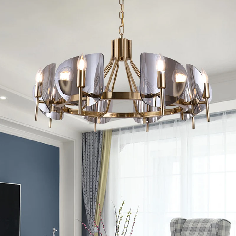 Shield Parlor Plafondlamp Rokerig Grijs Glas 8 Lichten Postmoderne Kroonluchterverlichting Goud Clearhalo