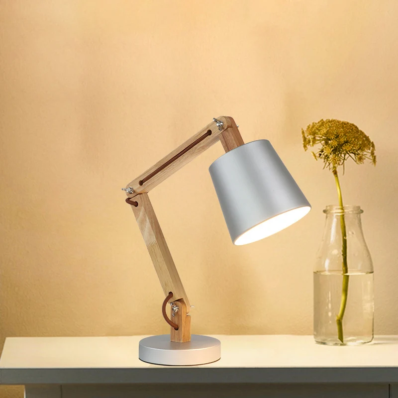 Silver Bucket Shade Bureaulamp Moderne 1-lichts metalen leesboeklamp met houten zwenkarm Clearhalo