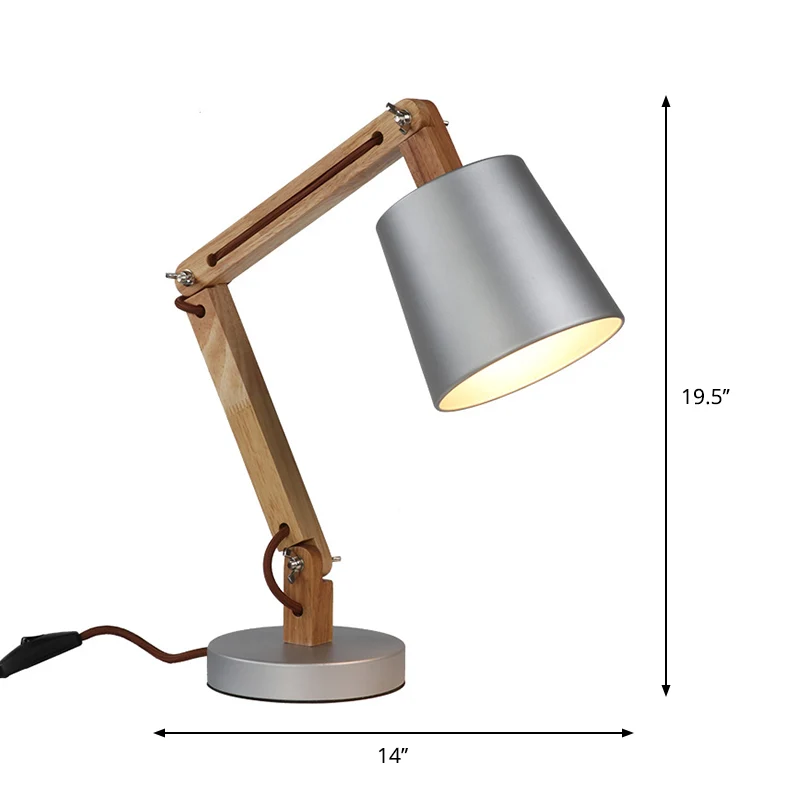 Silver Bucket Shade Bureaulamp Moderne 1-lichts metalen leesboeklamp met houten zwenkarm Clearhalo