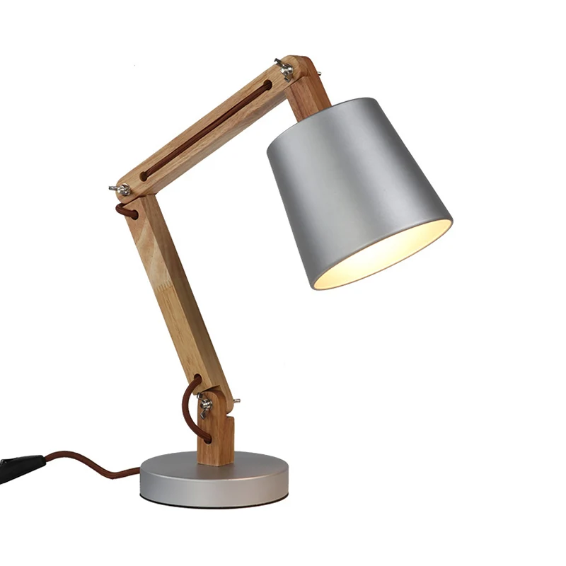 Silver Bucket Shade Bureaulamp Moderne 1-lichts metalen leesboeklamp met houten zwenkarm Clearhalo