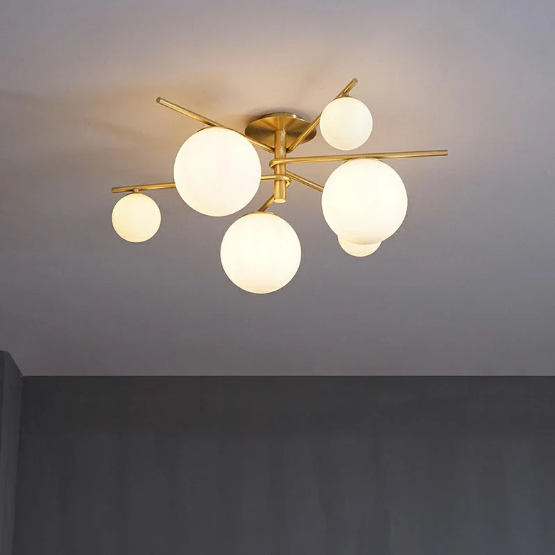 Simplicity 6-lichts semi-inbouwlamp Gouden Spoetnik-plafondlamp met bolvormige witte glazen kap Clearhalo