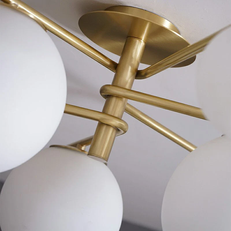 Simplicity 6-lichts semi-inbouwlamp Gouden Spoetnik-plafondlamp met bolvormige witte glazen kap Clearhalo