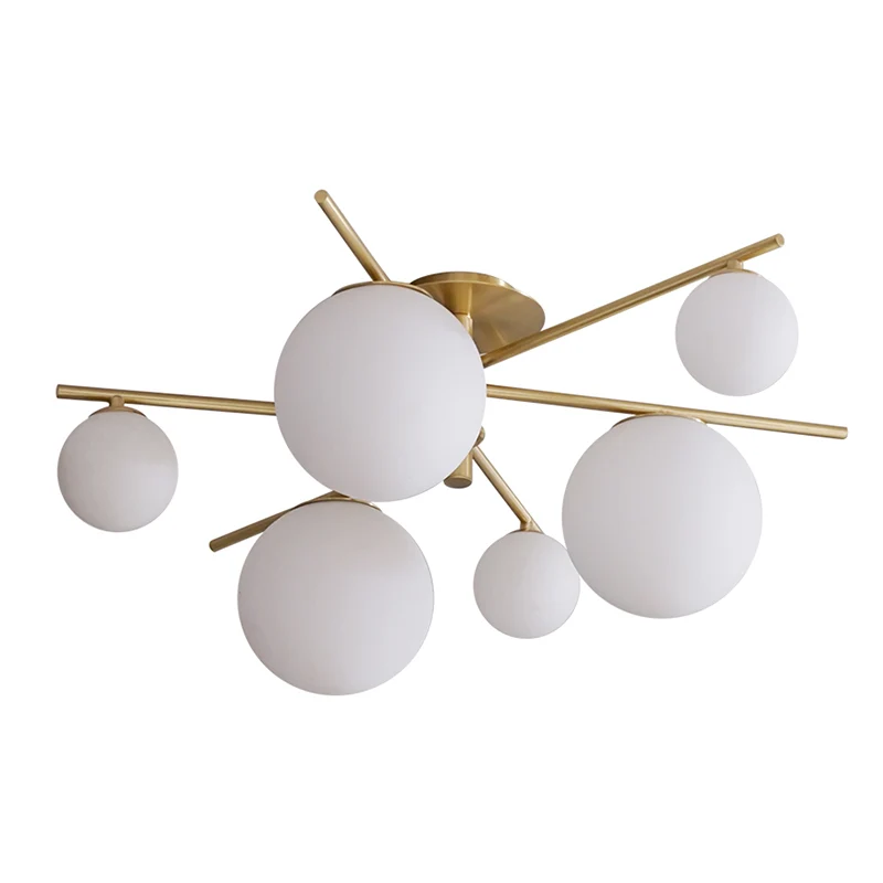Simplicity 6-lichts semi-inbouwlamp Gouden Spoetnik-plafondlamp met bolvormige witte glazen kap Clearhalo