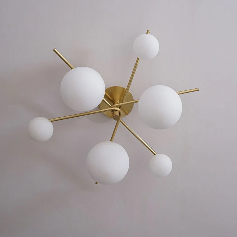Simplicity 6-lichts semi-inbouwlamp Gouden Spoetnik-plafondlamp met bolvormige witte glazen kap Clearhalo