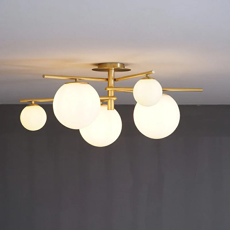 Simplicity 6-lichts semi-inbouwlamp Gouden Spoetnik-plafondlamp met bolvormige witte glazen kap Clearhalo