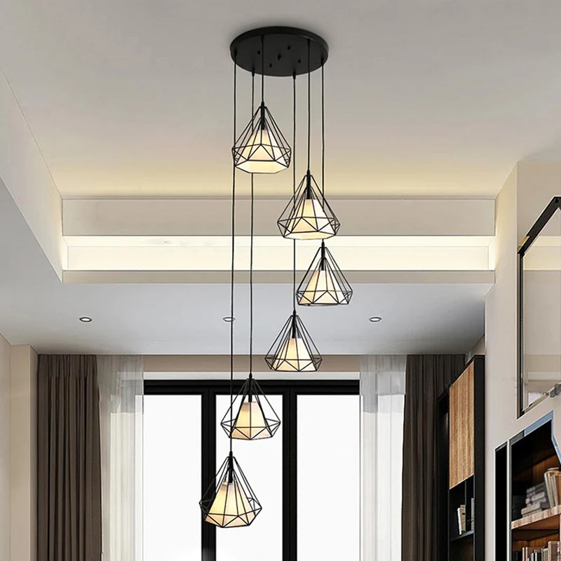 Simplicity Diamond Cage hanglamp metalen trap multi-lichthanger met binnenkegelkap zwart Clearhalo