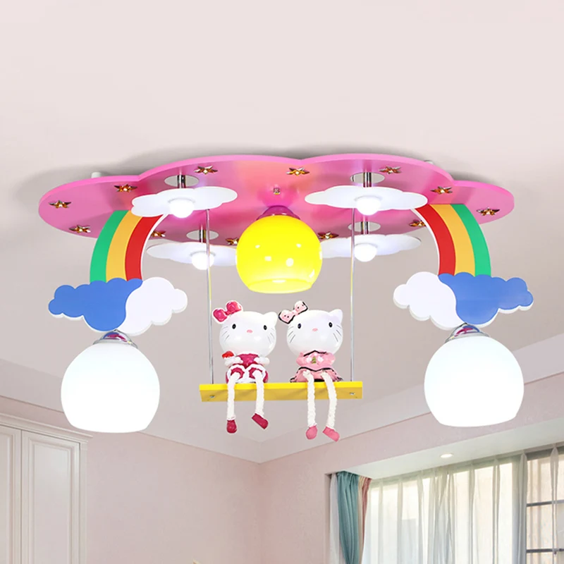 Sky kinderkamer plafondlamp hout 3-lichts cartoon plafondlamp met katje Clearhalo