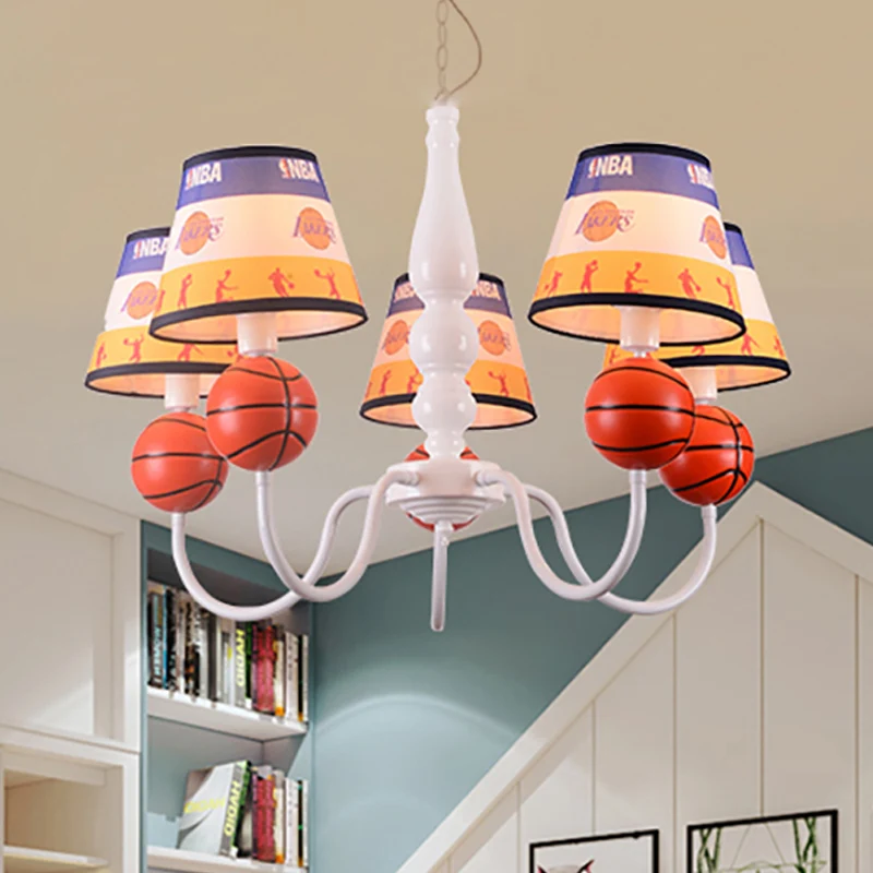 Slaapkamer basketbal hanglamp metaal 5 lichts cartoon hangende kroonluchter oranje Clearhalo