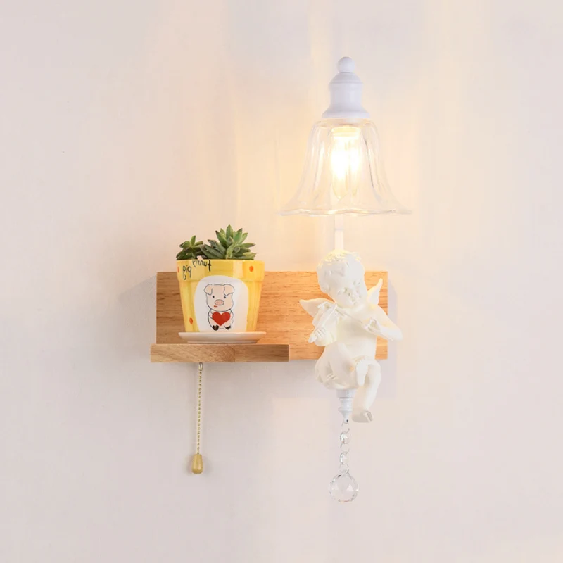 Slaapkamer Studeerkamer Bell Wandlamp met Engelenhout 1 Kop Creatieve Heldere Schanslamp Clearhalo