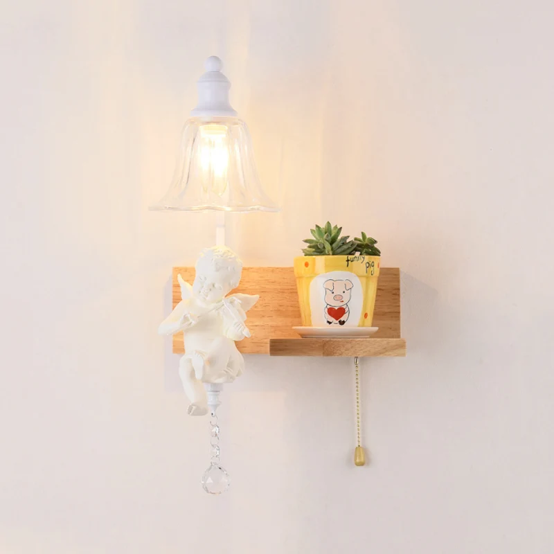 Slaapkamer Studeerkamer Bell Wandlamp met Engelenhout 1 Kop Creatieve Heldere Schanslamp Clearhalo