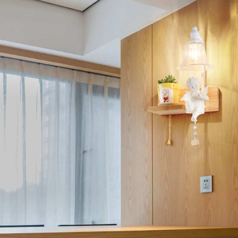 Slaapkamer Studeerkamer Bell Wandlamp met Engelenhout 1 Kop Creatieve Heldere Schanslamp Clearhalo