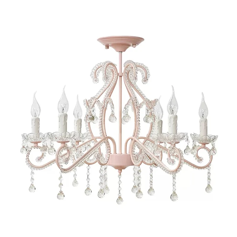 Slaapkamerkroonluchter voor kinderen, 6-lichts Macaron-plafondlamp met kaars en heldere kristallen decoratie Clearhalo