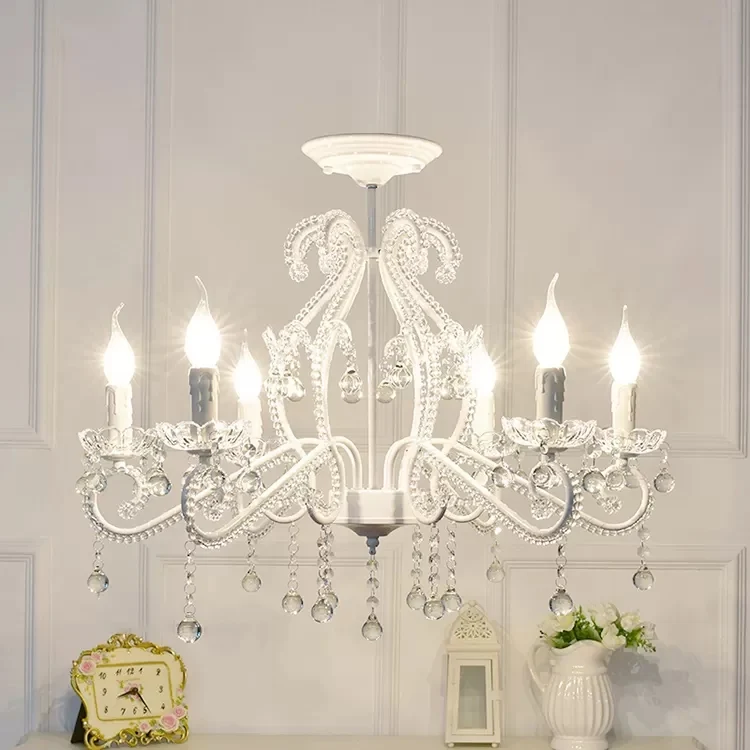 Slaapkamerkroonluchter voor kinderen, 6-lichts Macaron-plafondlamp met kaars en heldere kristallen decoratie Clearhalo