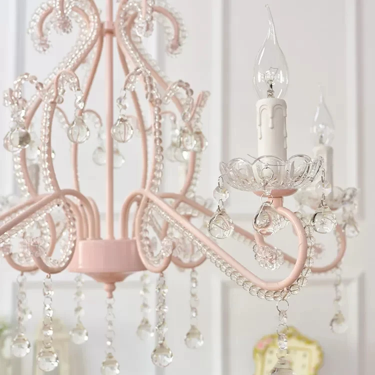 Slaapkamerkroonluchter voor kinderen, 6-lichts Macaron-plafondlamp met kaars en heldere kristallen decoratie Clearhalo