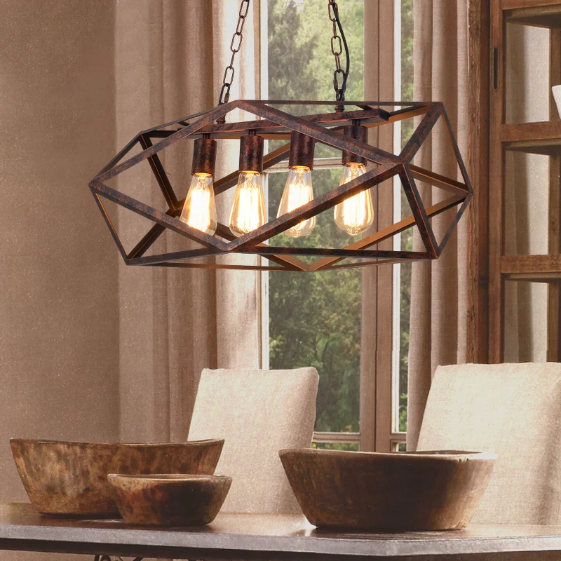 Smeedijzeren geometrische eilandlamp antieke stijl 4-lichts eetkamer eiland hanglamp met kooischaduw Clearhalo