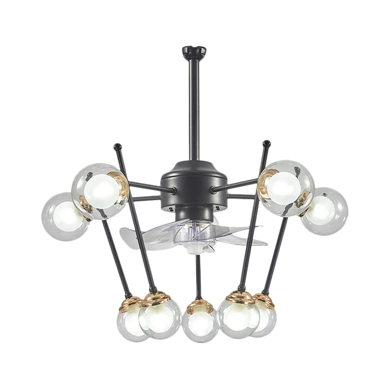 Sphere Parlor hangende ventilator licht helder glas 10 koppen 25,5" breed modernisme 4-blads semi-flush zwart Clearhalo