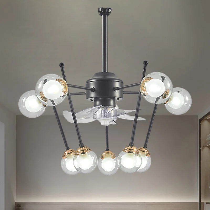 Sphere Parlor hangende ventilator licht helder glas 10 koppen 25,5" breed modernisme 4-blads semi-flush zwart Clearhalo