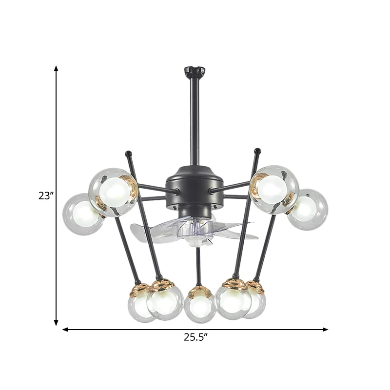 Sphere Parlor hangende ventilator licht helder glas 10 koppen 25,5" breed modernisme 4-blads semi-flush zwart Clearhalo