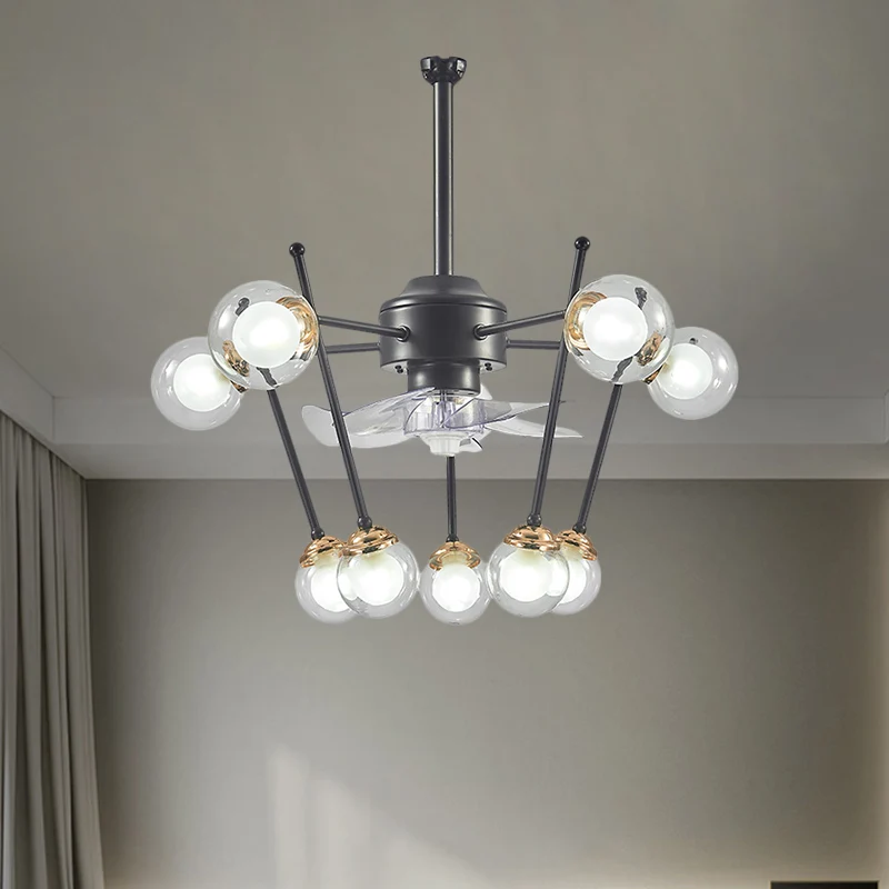 Sphere Parlor hangende ventilator licht helder glas 10 koppen 25,5" breed modernisme 4-blads semi-flush zwart Clearhalo