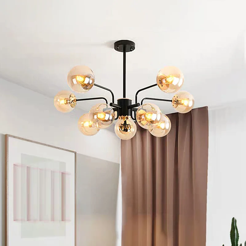 Sphere woonkamerkroonluchter amberglas 10 lampen eigentijdse hangende plafondlamp zwart Clearhalo