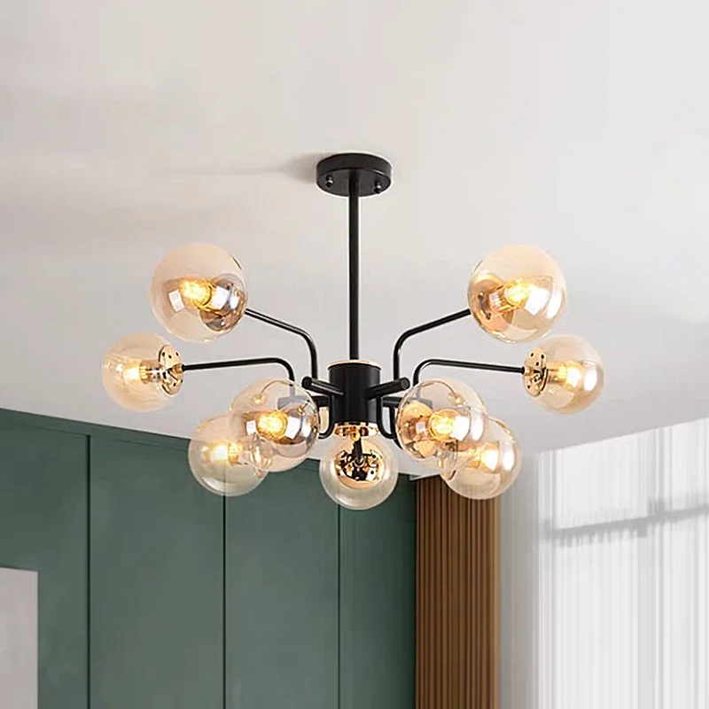 Sphere woonkamerkroonluchter amberglas 10 lampen eigentijdse hangende plafondlamp zwart Clearhalo