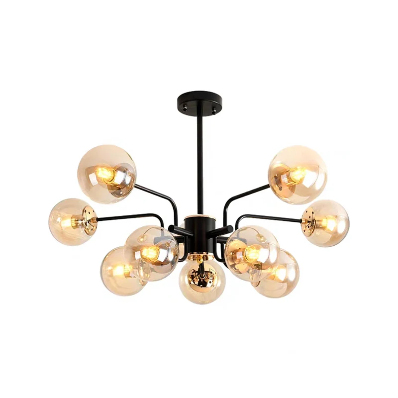 Sphere woonkamerkroonluchter amberglas 10 lampen eigentijdse hangende plafondlamp zwart Clearhalo