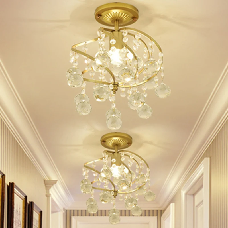 Spiraal semi-inbouwlamp eigentijds metallic 1-lichts gouden gang plafondlamp met kristallen druppel Clearhalo