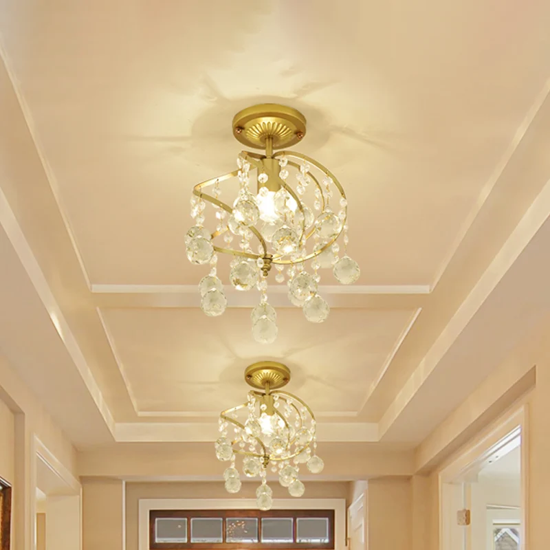 Spiraal semi-inbouwlamp eigentijds metallic 1-lichts gouden gang plafondlamp met kristallen druppel Clearhalo