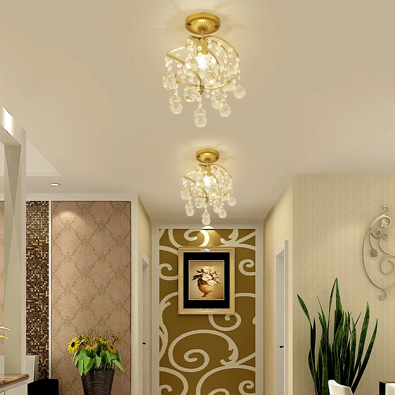 Spiraal semi-inbouwlamp eigentijds metallic 1-lichts gouden gang plafondlamp met kristallen druppel Clearhalo