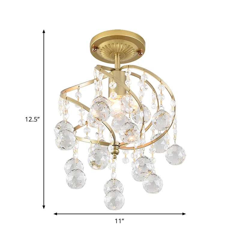 Spiraal semi-inbouwlamp eigentijds metallic 1-lichts gouden gang plafondlamp met kristallen druppel Clearhalo