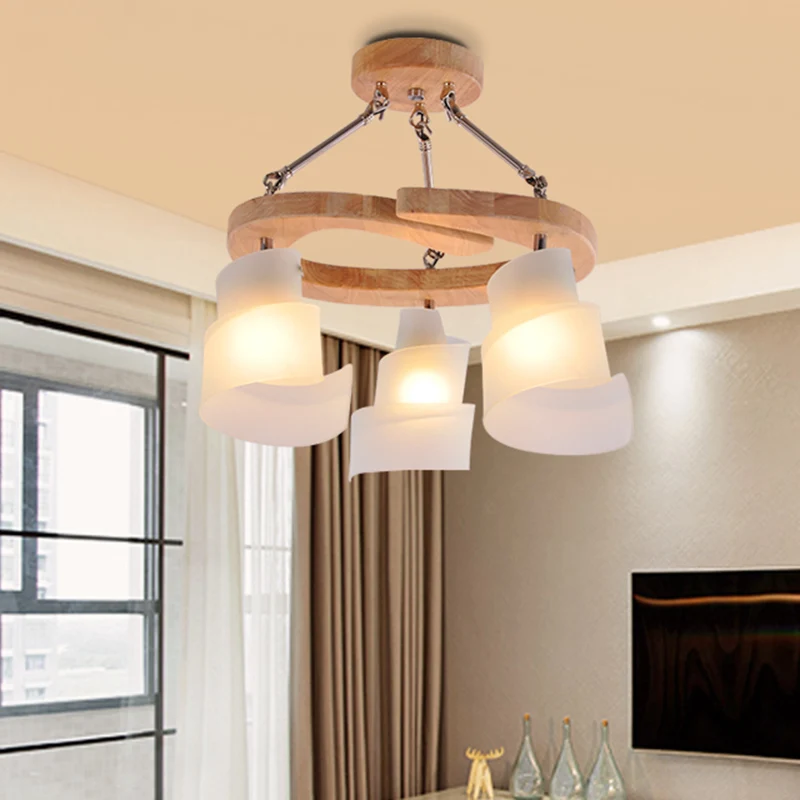 Spiraalpaneel Woonkamerkroonluchter Verlichting Wit matglas 3/5 lampen Moderne ophanghanger met houten plank Clearhalo