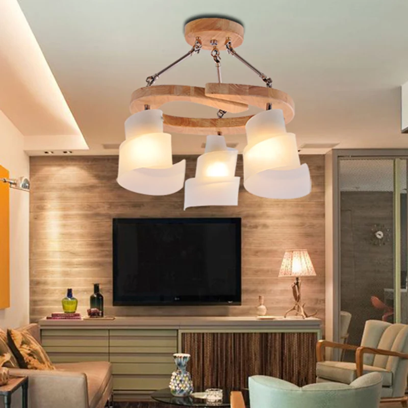 Spiraalpaneel Woonkamerkroonluchter Verlichting Wit matglas 3/5 lampen Moderne ophanghanger met houten plank Clearhalo