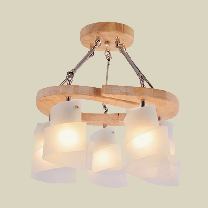 Spiraalpaneel Woonkamerkroonluchter Verlichting Wit matglas 3/5 lampen Moderne ophanghanger met houten plank Clearhalo