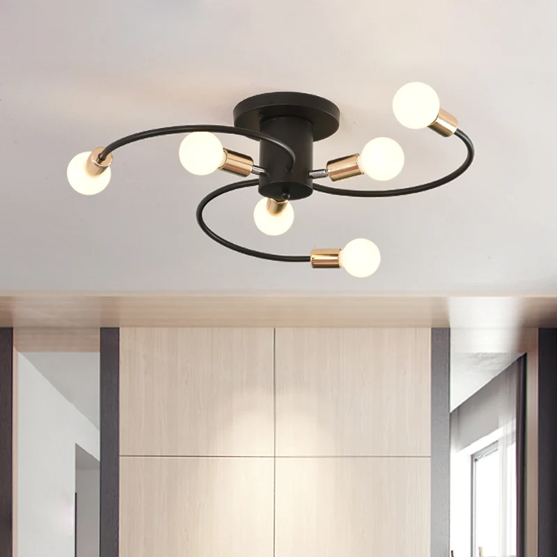 Spiraalvormige arm ijzer semi-inbouw verlichting modernisme 6-lamps zwart en goud dicht bij plafondlamp Clearhalo