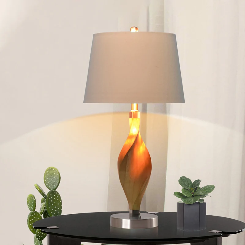 Spiraalvormige houten paneeltafelverlichting Modernisme 1-lamps beige nachtlamp met witte stoffen kap Clearhalo