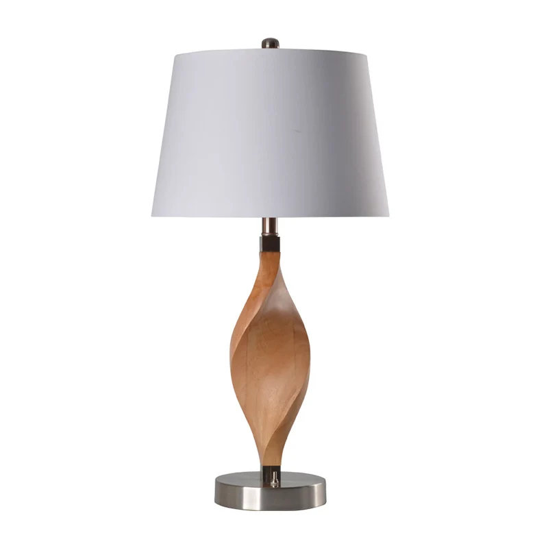 Spiraalvormige houten paneeltafelverlichting Modernisme 1-lamps beige nachtlamp met witte stoffen kap Clearhalo