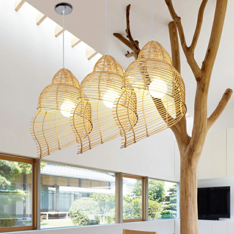 Spiraalvormige schelp rotan plafondhanglamp Aziatische 1-koppige houten neerwaartse verlichtingshanger voor eetkamer Clear...