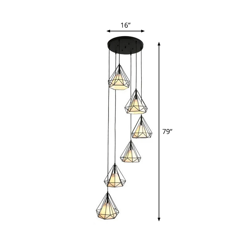 Spiral Diamond Cage Metallic Suspension Light Minimalistisch 6 Lampen Zwart Multi Light Hanger voor trappenhuis Clearhalo