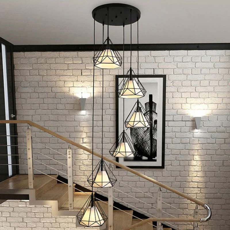 Spiral Diamond Cage Metallic Suspension Light Minimalistisch 6 Lampen Zwart Multi Light Hanger voor trappenhuis Clearhalo