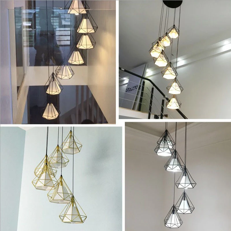 Spiral Diamond Cage Metallic Suspension Light Minimalistisch 6 Lampen Zwart Multi Light Hanger voor trappenhuis Clearhalo