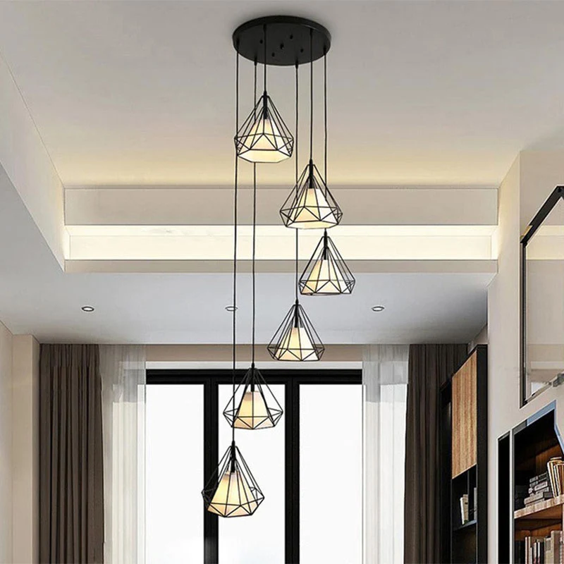 Spiral Diamond Cage Metallic Suspension Light Minimalistisch 6 Lampen Zwart Multi Light Hanger voor trappenhuis Clearhalo