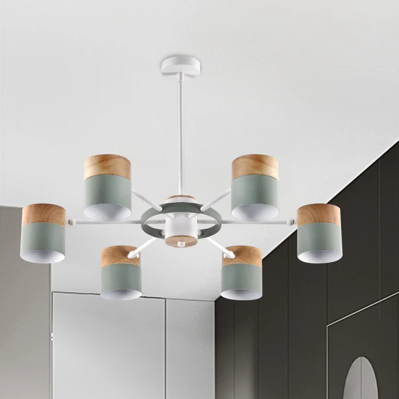 Splitscilinder Draaibare kroonluchter Macaron ijzer 6 koppen slaapkamer plafond hanglamp met burst-arm geel/grijs/wit-hout...