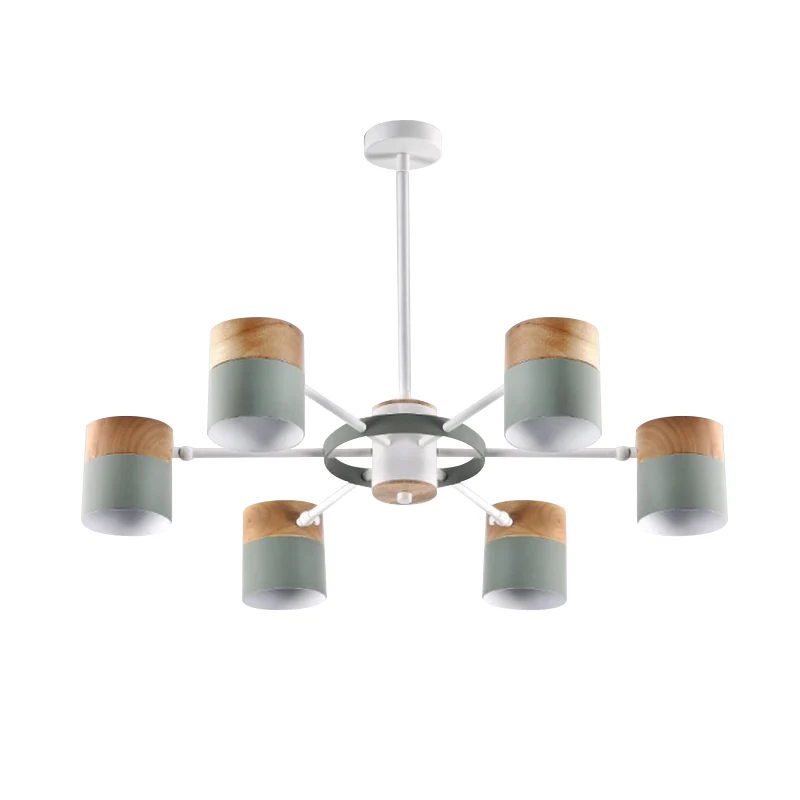 Splitscilinder Draaibare kroonluchter Macaron ijzer 6 koppen slaapkamer plafond hanglamp met burst-arm geel/grijs/wit-hout...
