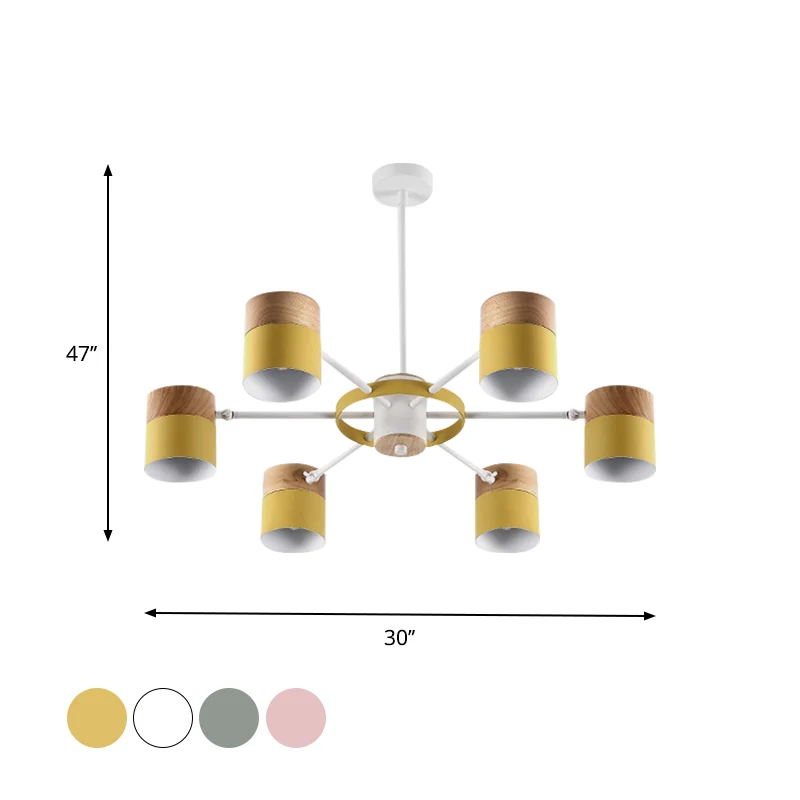 Splitscilinder Draaibare kroonluchter Macaron ijzer 6 koppen slaapkamer plafond hanglamp met burst-arm geel/grijs/wit-hout...
