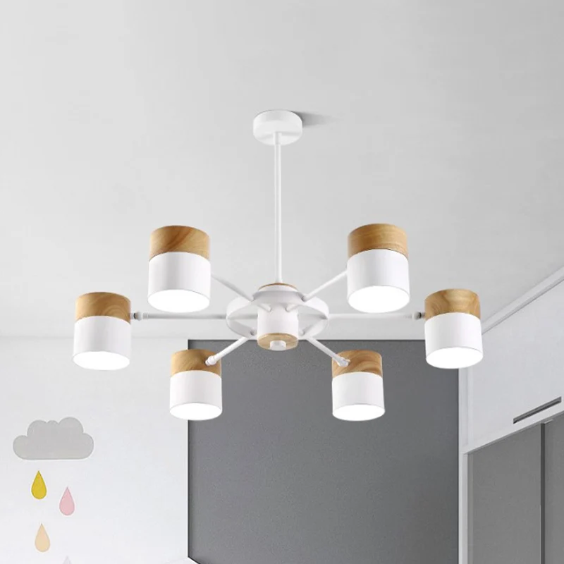 Splitscilinder Draaibare kroonluchter Macaron ijzer 6 koppen slaapkamer plafond hanglamp met burst-arm geel/grijs/wit-hout...
