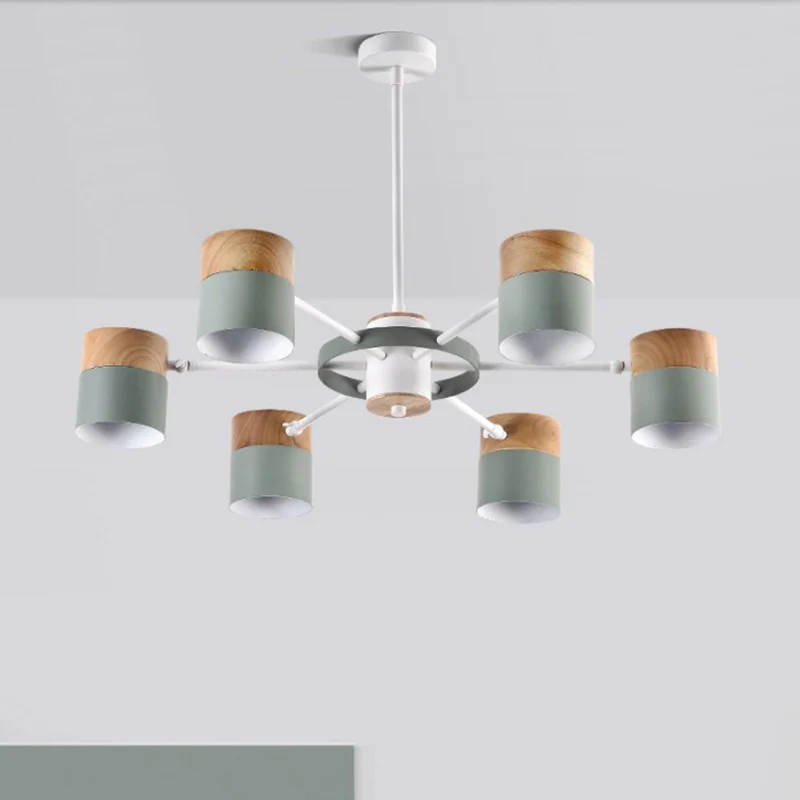 Splitscilinder Draaibare kroonluchter Macaron ijzer 6 koppen slaapkamer plafond hanglamp met burst-arm geel/grijs/wit-hout...