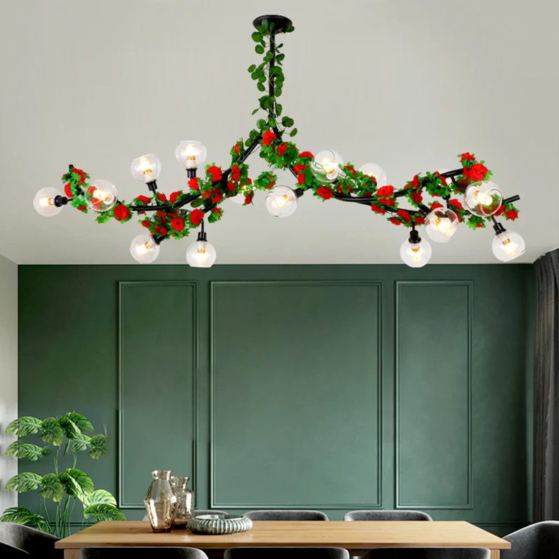Spoetnik Eetkamer Semi-montage Verlichting Loft Metaal 15 koppen Groen Plafondgemonteerd armatuur met rood/roze bloemrank...