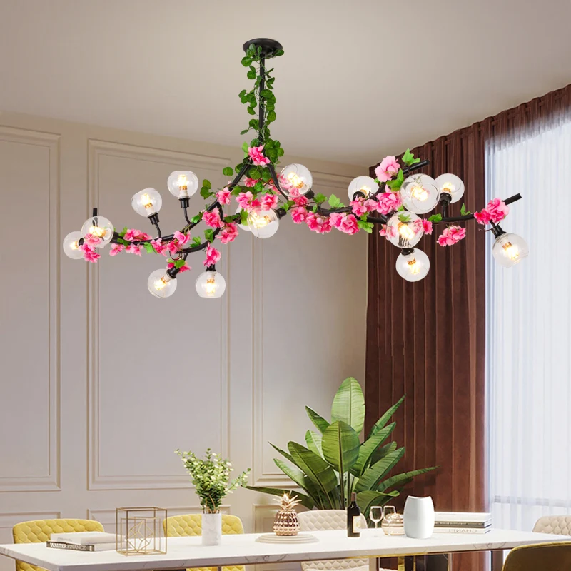 Spoetnik Eetkamer Semi-montage Verlichting Loft Metaal 15 koppen Groen Plafondgemonteerd armatuur met rood/roze bloemrank...